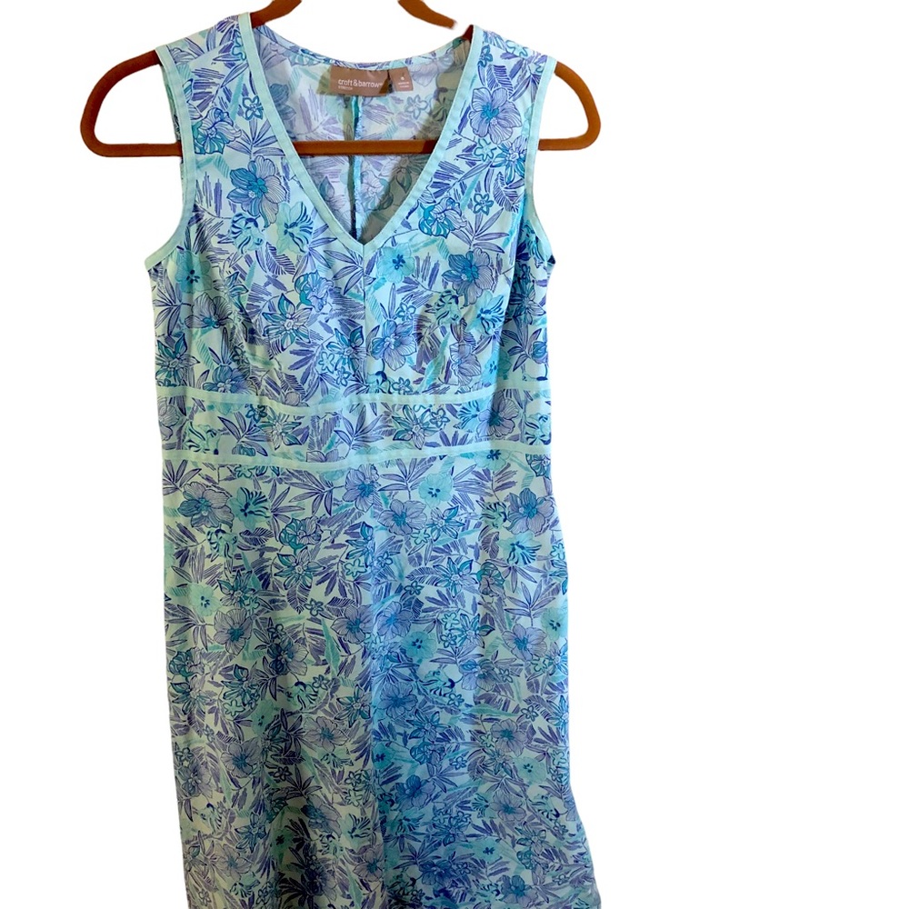 70's Inspired Sundress. Tropical Floral Print. Blue. Cotton. Size 8